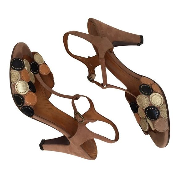 Anthropologie Chie Mihara Quory metallics circle medallion heel Sandals size 6.5 - Picture 2 of 16